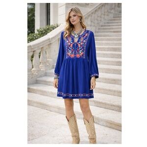NEW Solitaire embroidered long sleeve dress Size L‎ blue boho artsy babydoll